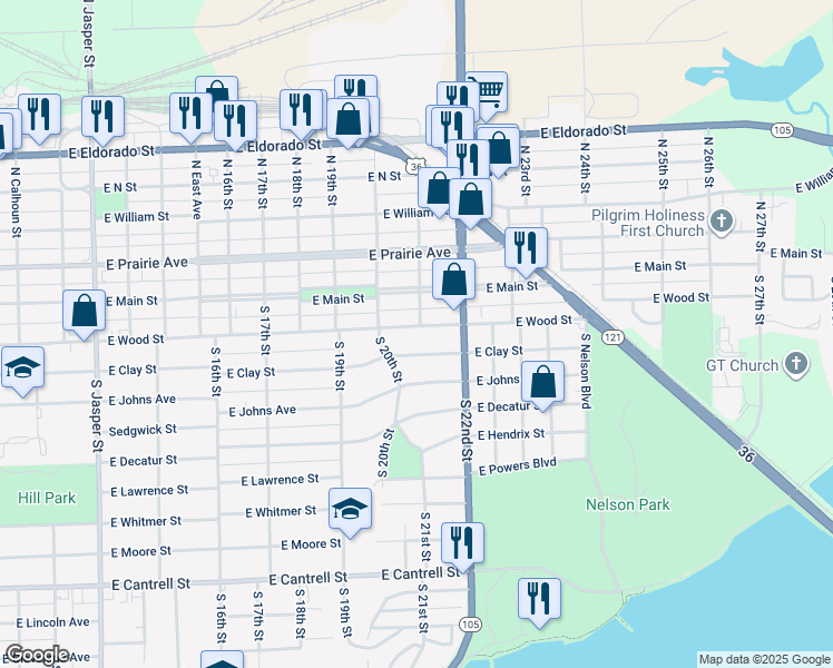 map of restaurants, bars, coffee shops, grocery stores, and more near 2077 East Wood Street in Decatur