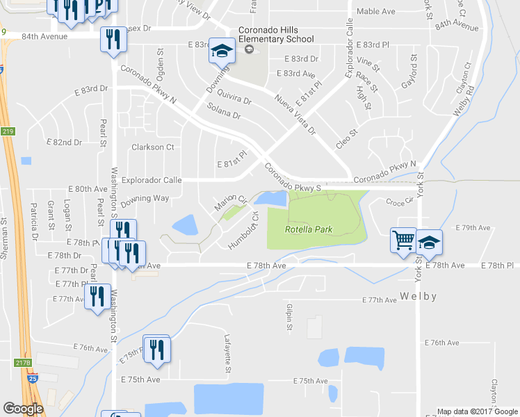 map of restaurants, bars, coffee shops, grocery stores, and more near 7946 Humboldt Circle in Thornton
