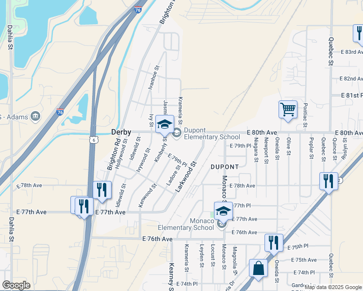 map of restaurants, bars, coffee shops, grocery stores, and more near 7970 Kimberly Street in Commerce City