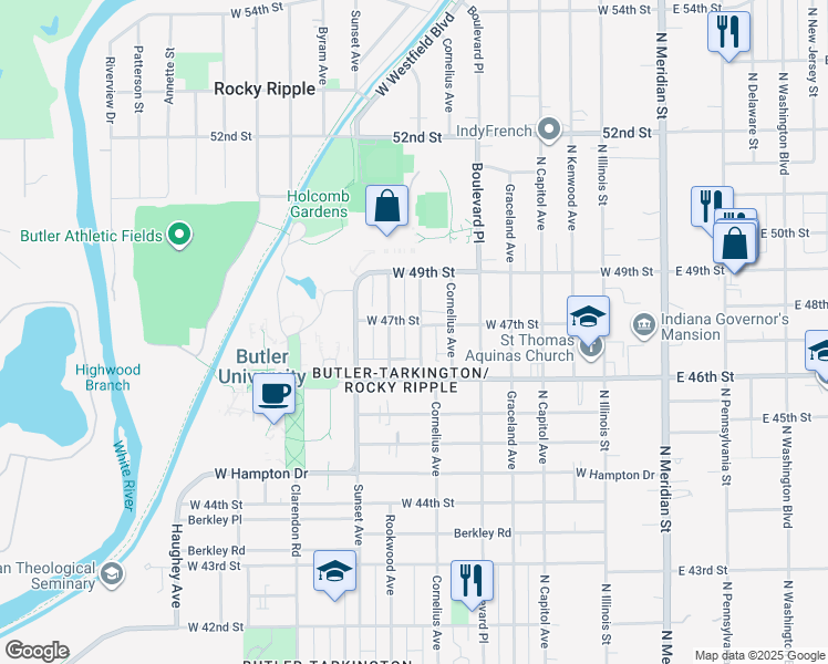 map of restaurants, bars, coffee shops, grocery stores, and more near 4719 Hinesley Avenue in Indianapolis