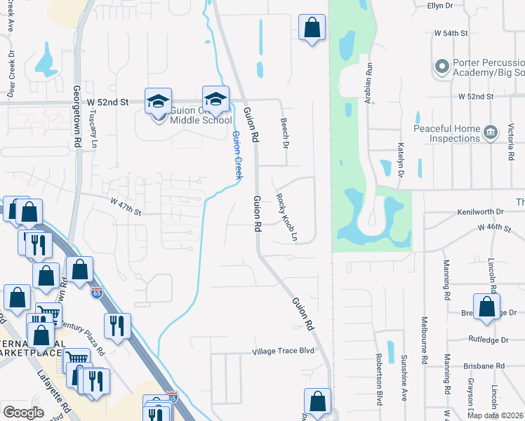map of restaurants, bars, coffee shops, grocery stores, and more near 4818 Rocky Knob Lane in Indianapolis