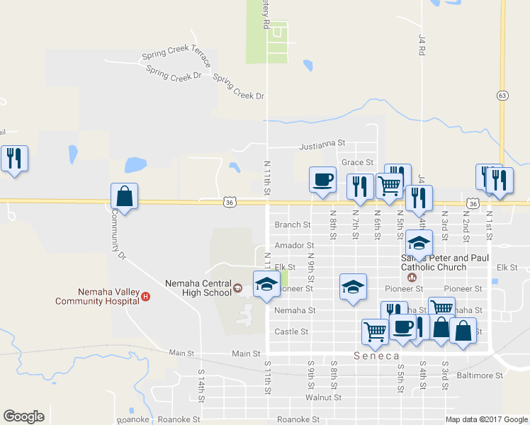 map of restaurants, bars, coffee shops, grocery stores, and more near 604 North 11th Street in Seneca
