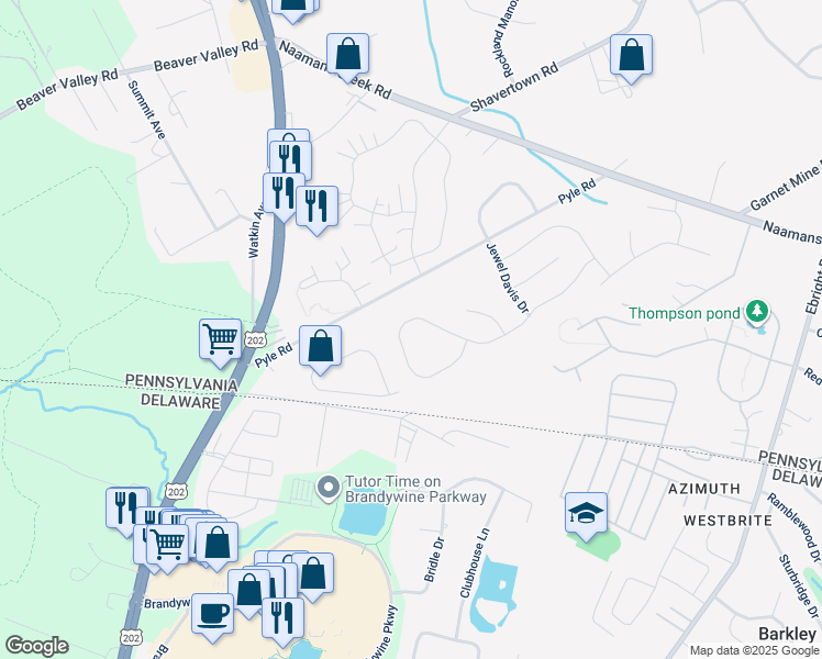 map of restaurants, bars, coffee shops, grocery stores, and more near 3851 Rotherfield Lane in Chadds Ford