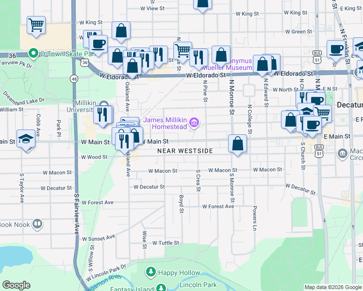 map of restaurants, bars, coffee shops, grocery stores, and more near 904 West Main Street in Decatur