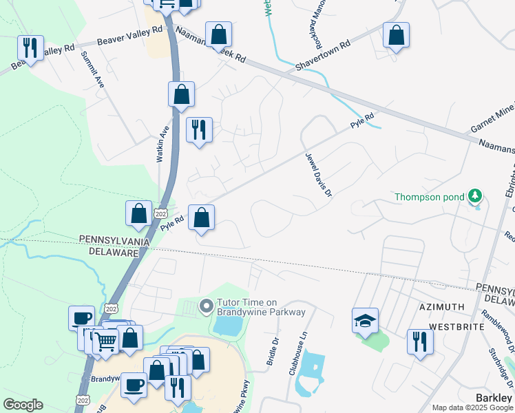 map of restaurants, bars, coffee shops, grocery stores, and more near 3851 Rotherfield Lane in Chadds Ford
