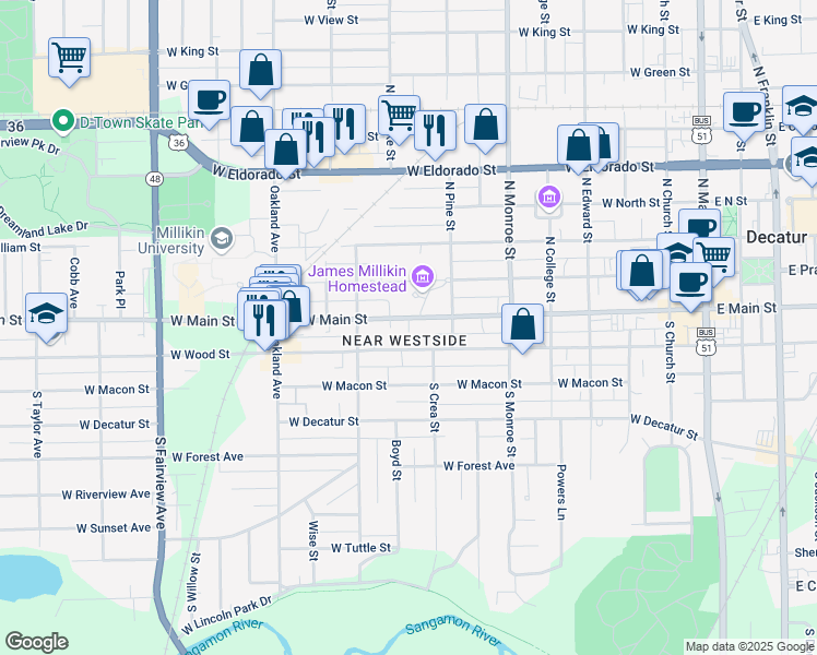 map of restaurants, bars, coffee shops, grocery stores, and more near 904 West Main Street in Decatur