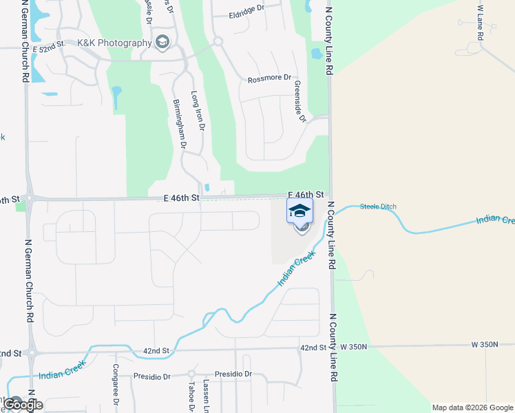 map of restaurants, bars, coffee shops, grocery stores, and more near 11586-11806 East 46th Street in Indianapolis