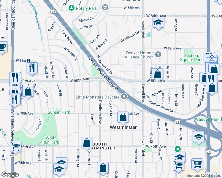 map of restaurants, bars, coffee shops, grocery stores, and more near 3940 Turnpike Drive in Westminster