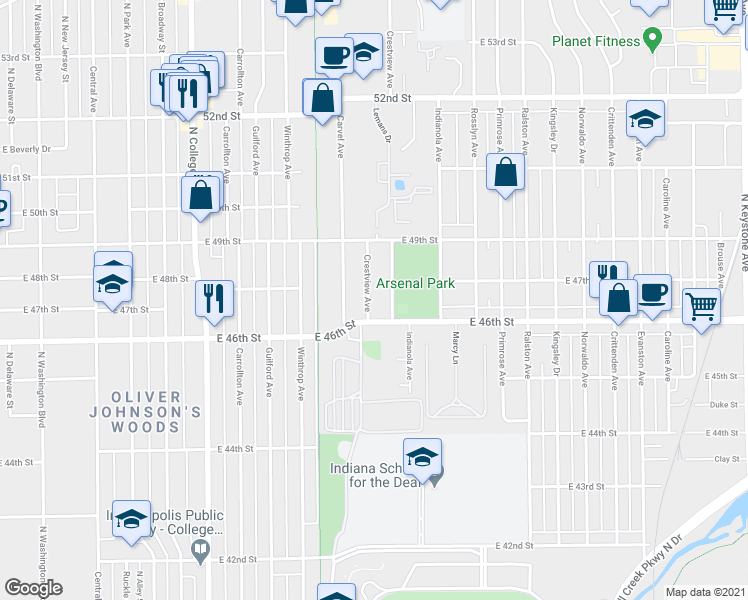 map of restaurants, bars, coffee shops, grocery stores, and more near 4702 Haverford Avenue in Indianapolis