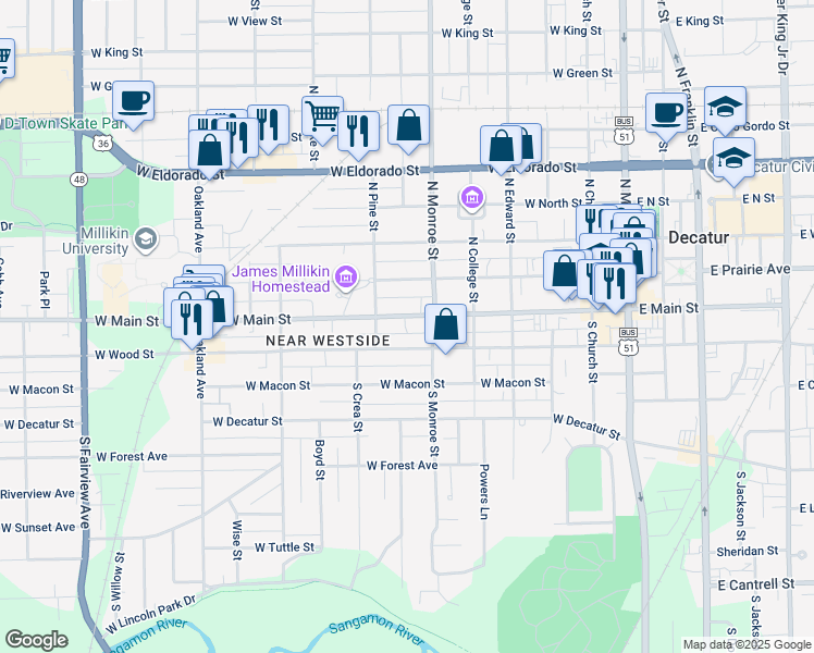 map of restaurants, bars, coffee shops, grocery stores, and more near 720 West Main Street in Decatur