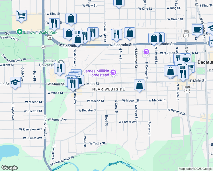 map of restaurants, bars, coffee shops, grocery stores, and more near 904 West Main Street in Decatur