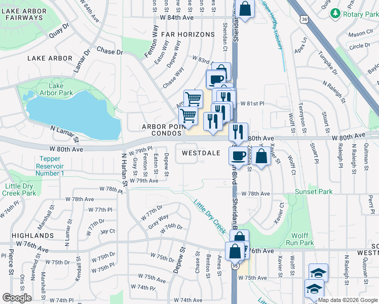 map of restaurants, bars, coffee shops, grocery stores, and more near 7997 Chase Circle in Arvada