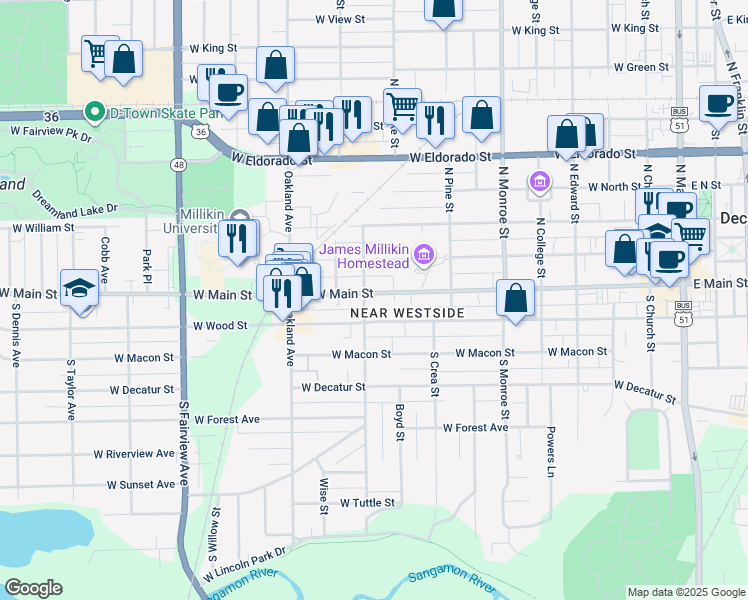 map of restaurants, bars, coffee shops, grocery stores, and more near 965 West Main Street in Decatur