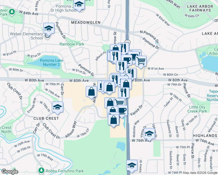 map of restaurants, bars, coffee shops, grocery stores, and more near 7790 West 80th Avenue in Arvada