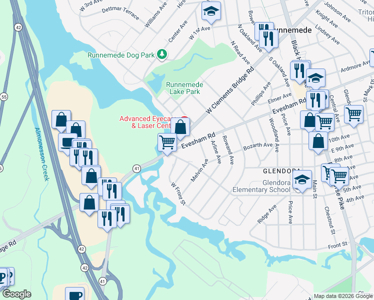 map of restaurants, bars, coffee shops, grocery stores, and more near 719 West Evesham Road in Runnemede