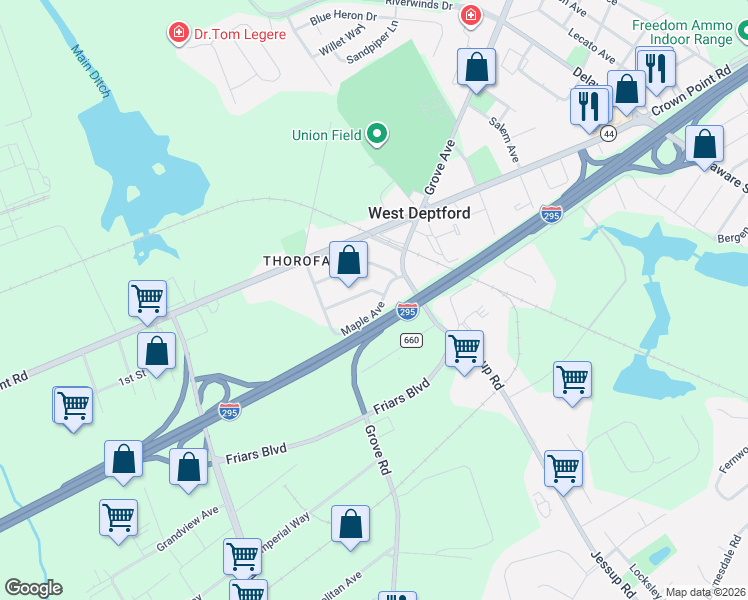 map of restaurants, bars, coffee shops, grocery stores, and more near 76 Grove Street in West Deptford