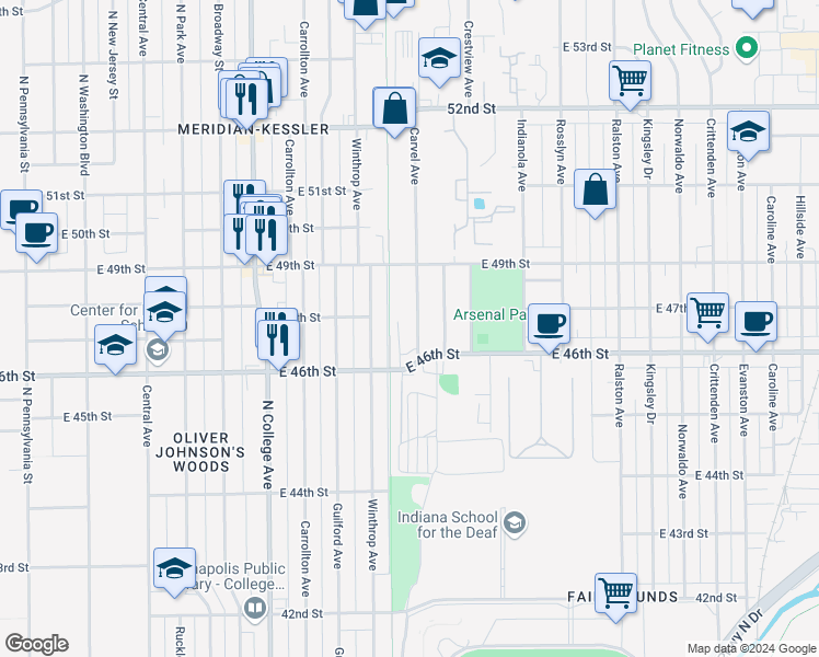 map of restaurants, bars, coffee shops, grocery stores, and more near 4644 Carvel Avenue in Indianapolis