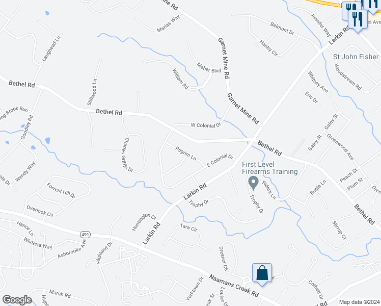 map of restaurants, bars, coffee shops, grocery stores, and more near 4440 Pilgrim Lane in Boothwyn