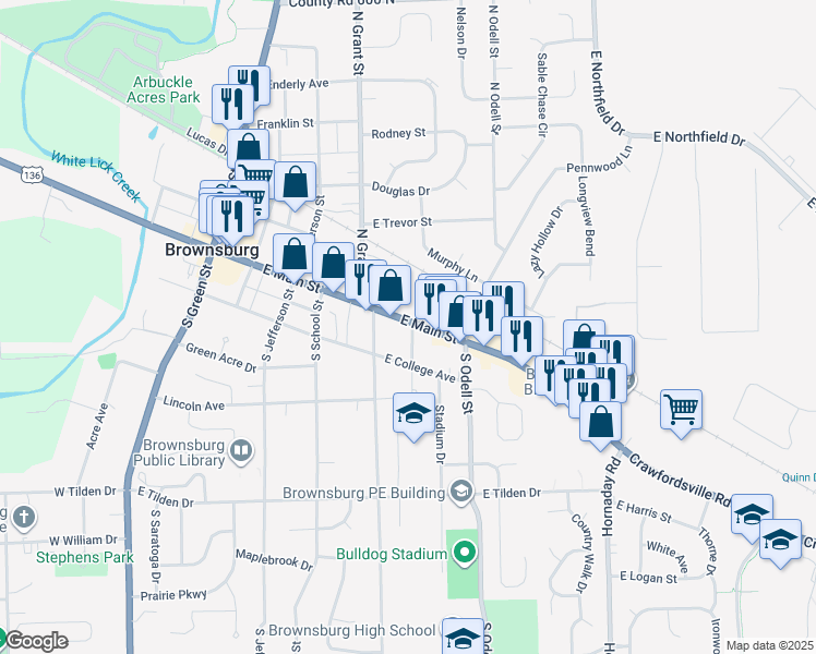 map of restaurants, bars, coffee shops, grocery stores, and more near 440 East Main Street in Brownsburg