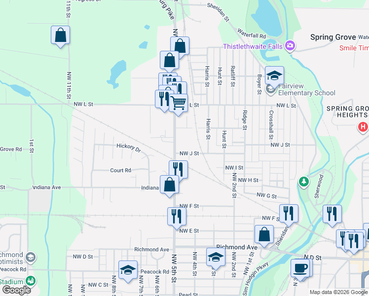 map of restaurants, bars, coffee shops, grocery stores, and more near 1119 Northwest 5th Street in Richmond