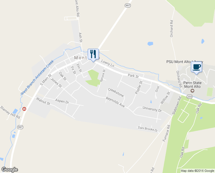 map of restaurants, bars, coffee shops, grocery stores, and more near 57 Creekstone in Mont Alto