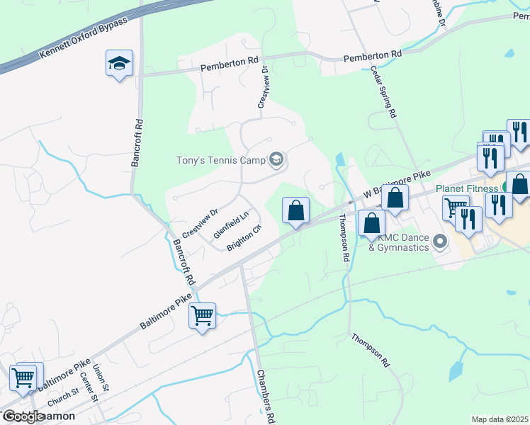 map of restaurants, bars, coffee shops, grocery stores, and more near 747 Brighton Circle in Kennett Square