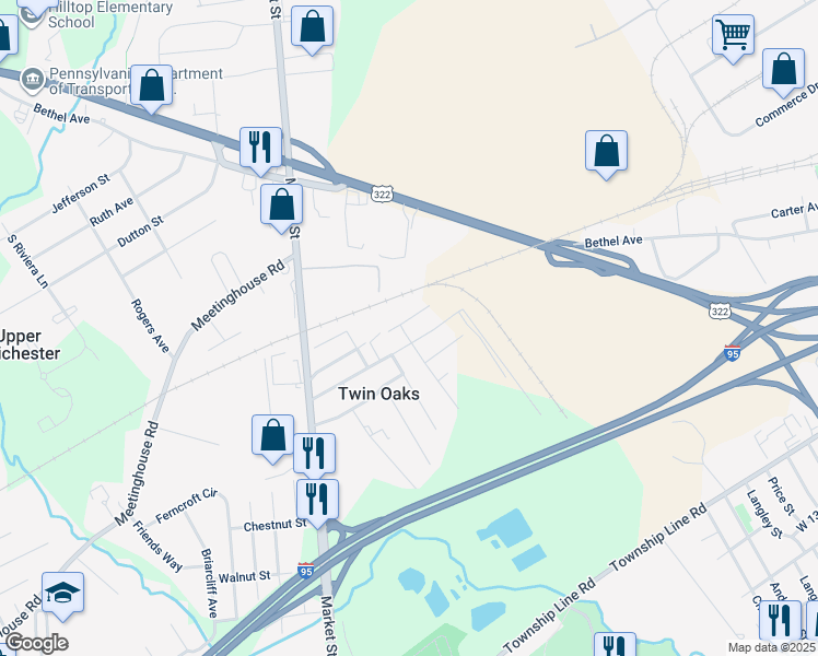 map of restaurants, bars, coffee shops, grocery stores, and more near 2701 Williams Street in Aston