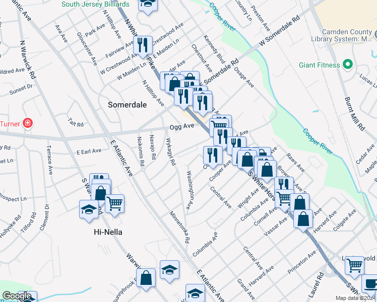 map of restaurants, bars, coffee shops, grocery stores, and more near 105 South Hilltop Avenue in Somerdale