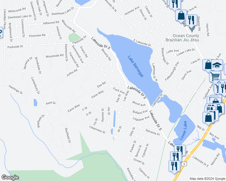 map of restaurants, bars, coffee shops, grocery stores, and more near 1425 Foch Avenue in Lacey Township