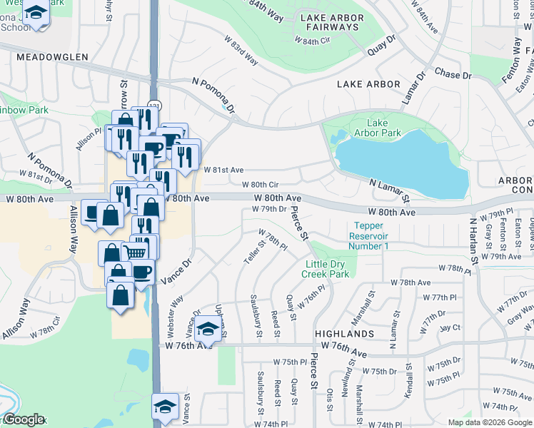 map of restaurants, bars, coffee shops, grocery stores, and more near 7057 West 79th Drive in Arvada
