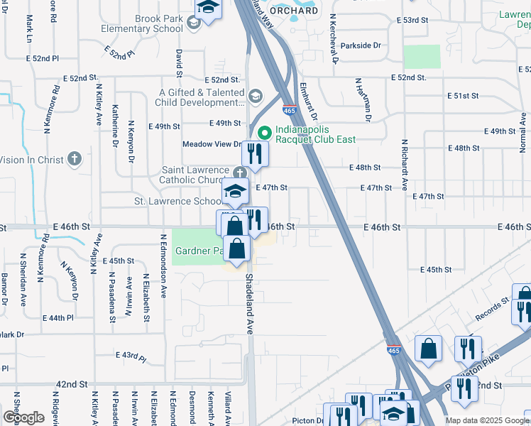 map of restaurants, bars, coffee shops, grocery stores, and more near 4681 Englewood Drive in Indianapolis
