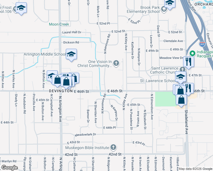 map of restaurants, bars, coffee shops, grocery stores, and more near 4629 North Kenmore Road in Indianapolis