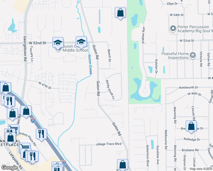 map of restaurants, bars, coffee shops, grocery stores, and more near 4749 Rocky Knob Lane in Indianapolis