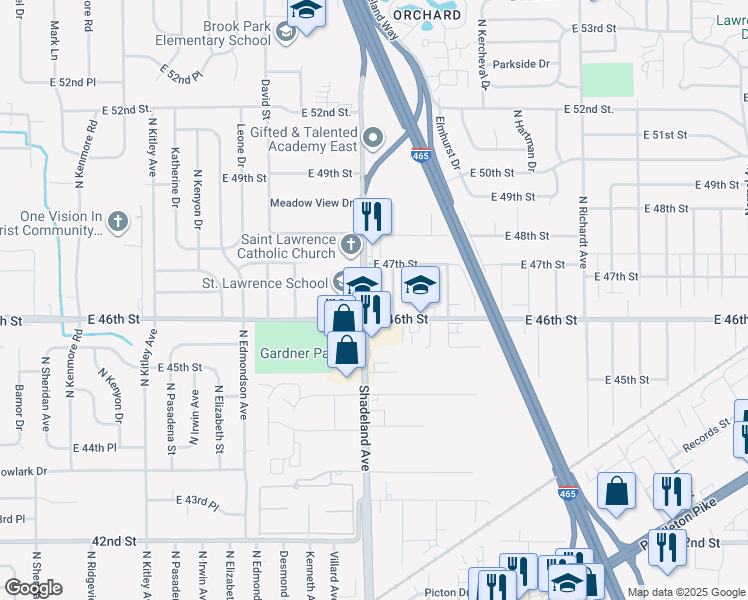map of restaurants, bars, coffee shops, grocery stores, and more near 4609 Shadeland Avenue in Indianapolis
