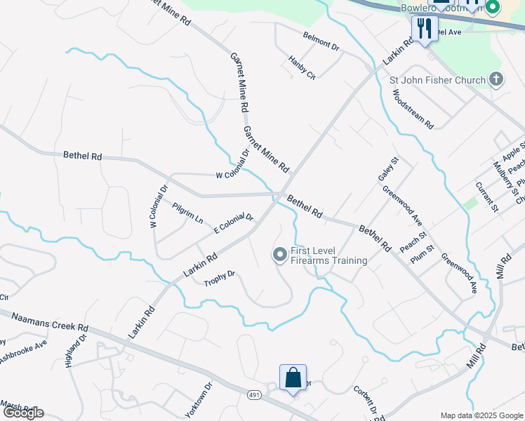 map of restaurants, bars, coffee shops, grocery stores, and more near 2240 Larkin Road in Boothwyn