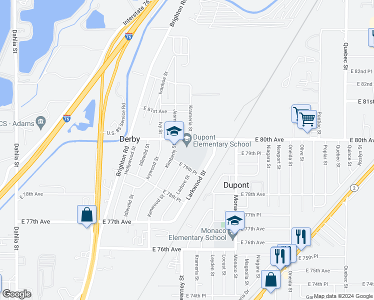 map of restaurants, bars, coffee shops, grocery stores, and more near 7970 Kimberly Street in Commerce City
