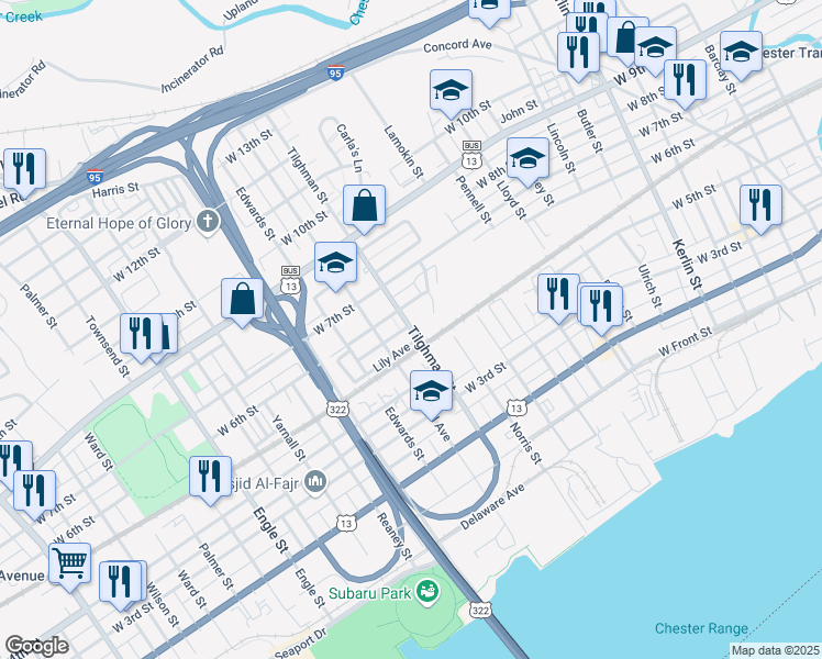 map of restaurants, bars, coffee shops, grocery stores, and more near 517 Tilghman Street in Chester