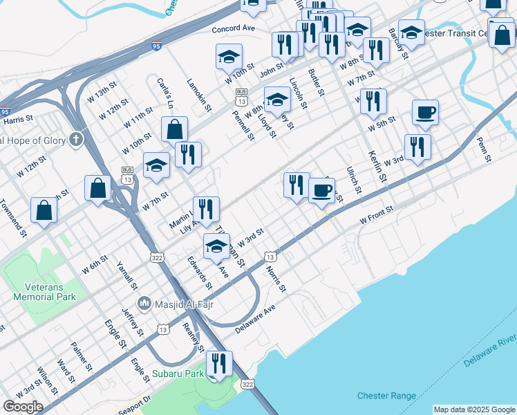 map of restaurants, bars, coffee shops, grocery stores, and more near 321 Broomall Street in Chester