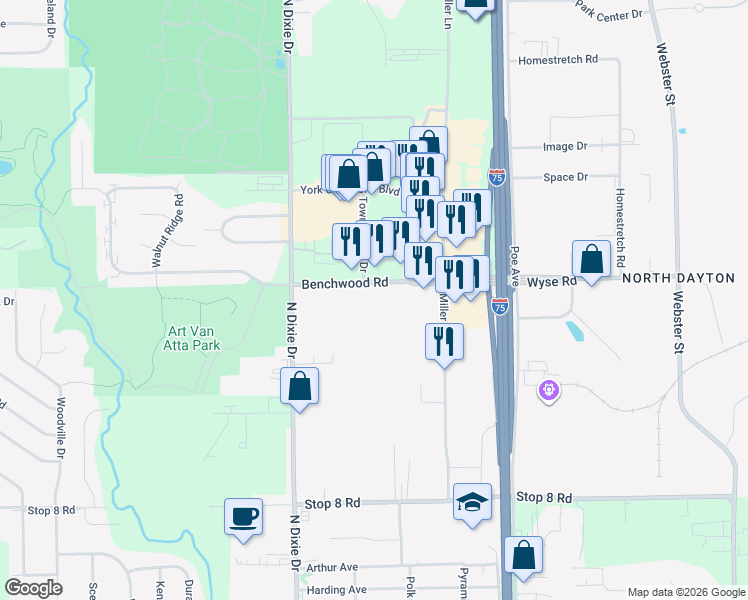 map of restaurants, bars, coffee shops, grocery stores, and more near 3324 Benchwood Road in Dayton