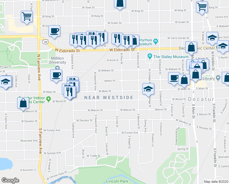 map of restaurants, bars, coffee shops, grocery stores, and more near 845 West Main Street in Decatur