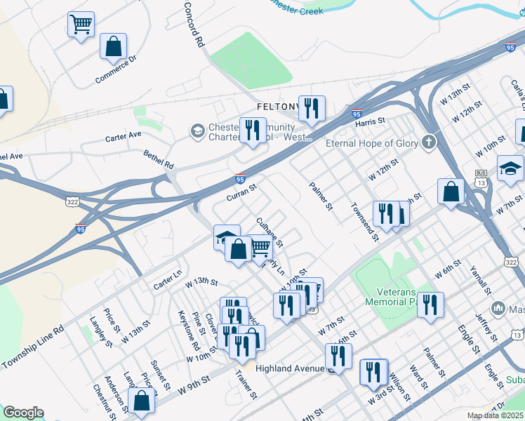 map of restaurants, bars, coffee shops, grocery stores, and more near 2610 Price Street in Chester