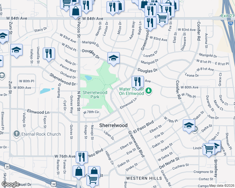 map of restaurants, bars, coffee shops, grocery stores, and more near 7973 Greenwood Boulevard in Denver