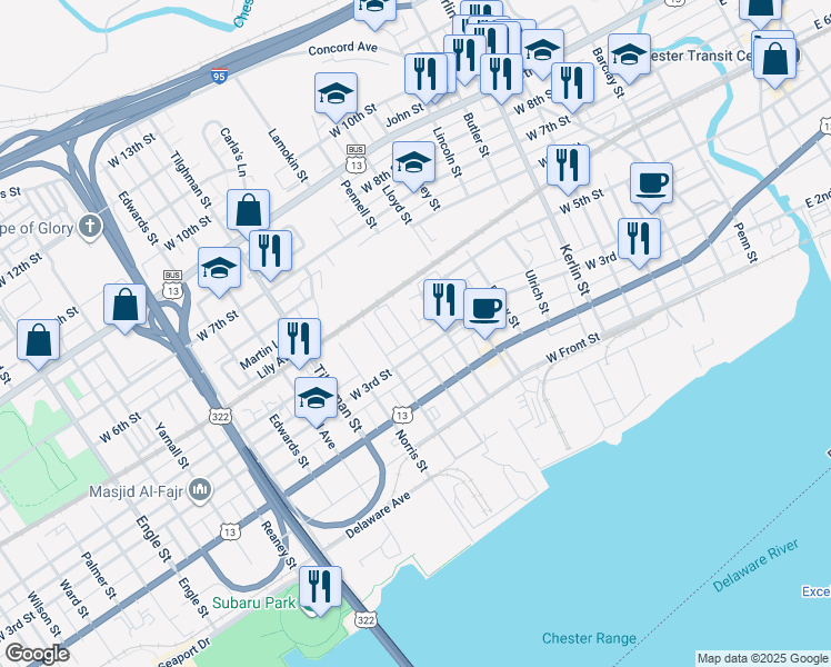 map of restaurants, bars, coffee shops, grocery stores, and more near 315 Lamokin Street in Chester