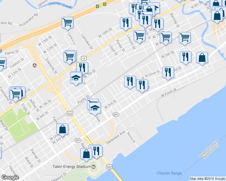 map of restaurants, bars, coffee shops, grocery stores, and more near 323 Broomall Street in Chester