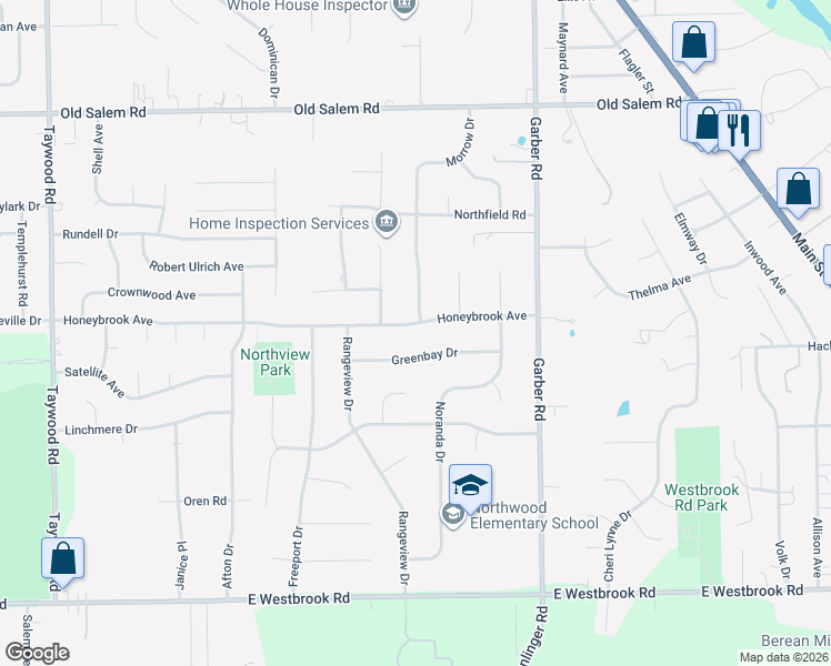 map of restaurants, bars, coffee shops, grocery stores, and more near 3607 Honeybrook Avenue in Dayton