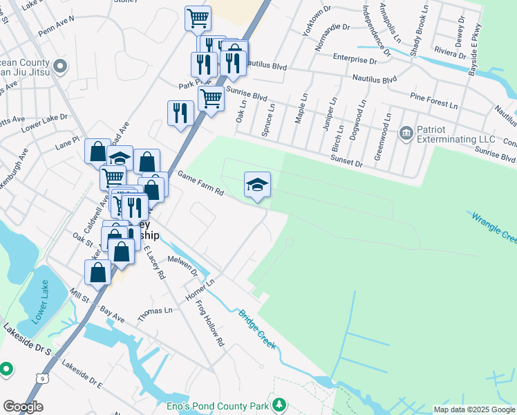 map of restaurants, bars, coffee shops, grocery stores, and more near 1 Game Farm Rd in Forked River