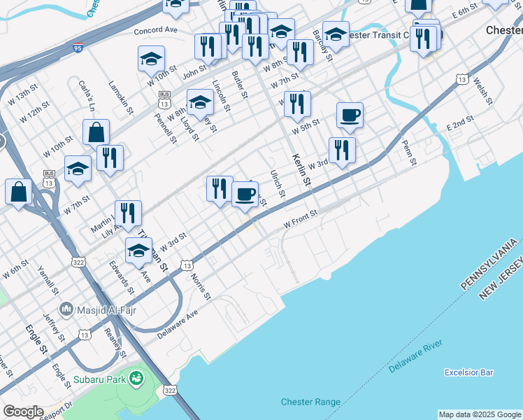 map of restaurants, bars, coffee shops, grocery stores, and more near 843 Mary Street in Chester