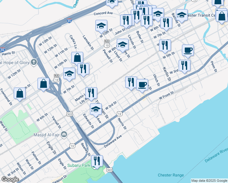 map of restaurants, bars, coffee shops, grocery stores, and more near 323 Broomall Street in Chester
