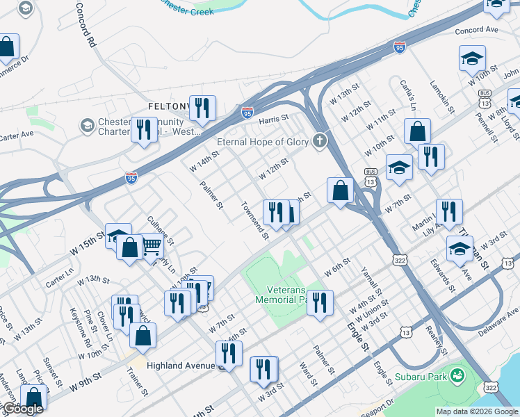 map of restaurants, bars, coffee shops, grocery stores, and more near in Chester Township