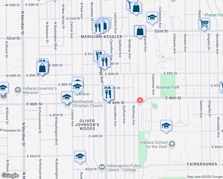 map of restaurants, bars, coffee shops, grocery stores, and more near 4805 North College Avenue in Indianapolis